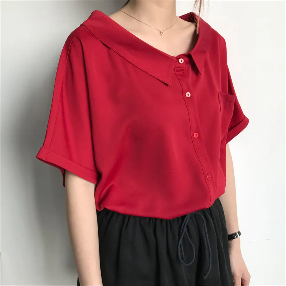 High quality Red Chiffon Wide neck Loose Shirt Office Top 2018 Working Women Blouse Shirt Half Loose Sleeve Summer Elegant top (20)