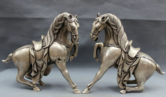 

wholesale factory 9" Chinese Silver Folk Wealth FengShui Tang Horse Gee Statue Brass Animals Pair