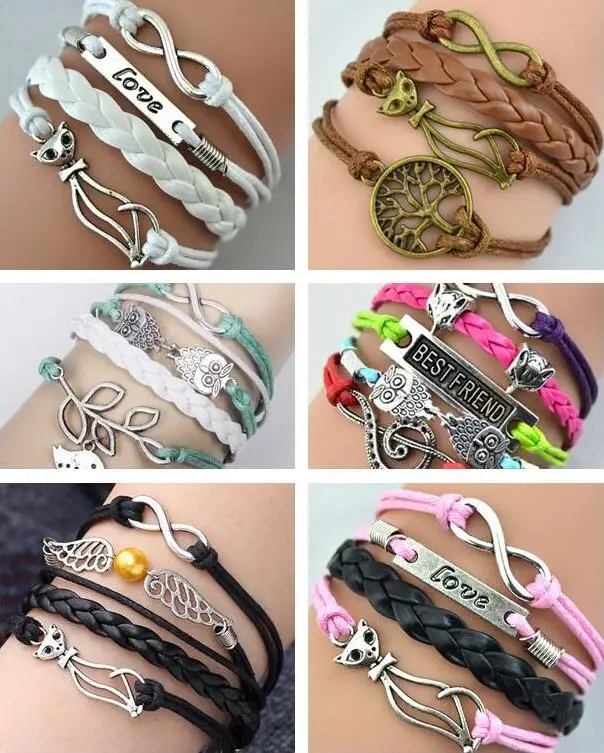 

Elegant Cat Infinity Birds Charms Leather Cuff Bracelet Fashion Silver Handmade Braided Wax Cords Wrap Bangle Wristbands Gift