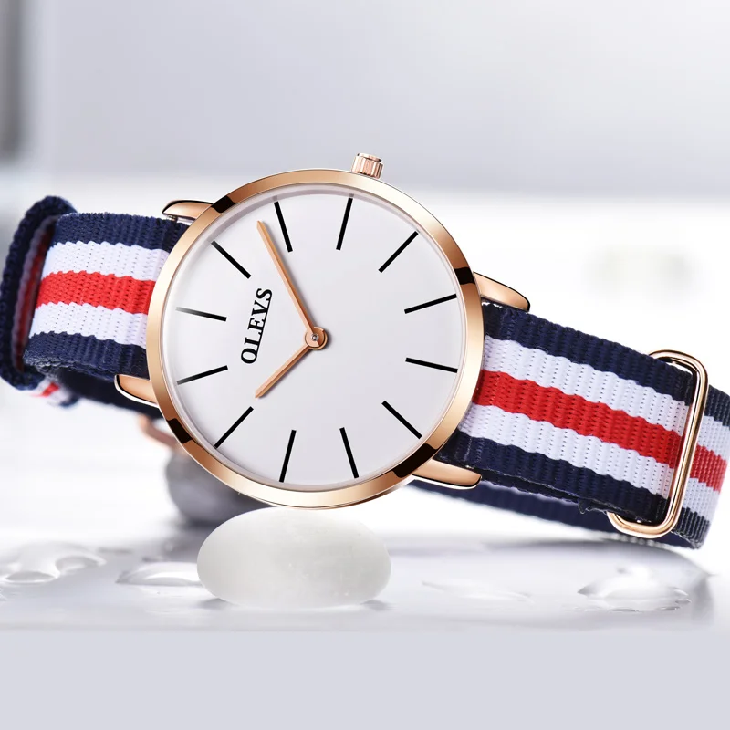 

OLEVS Simple Thin Women Watches Canvas Minimalist Two Hands Clock Quartz Wristwatches Colorful Stripe Ladies Waterproof Watch