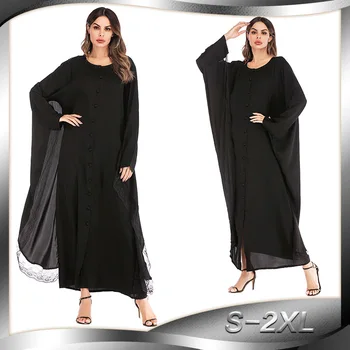 

2019 Women Muslim Dress O Neck Batwing Sleeve Patchwork Mesh Islamic Abaya Dress Plus Size Black Caftan Marocain Moslim Jurken