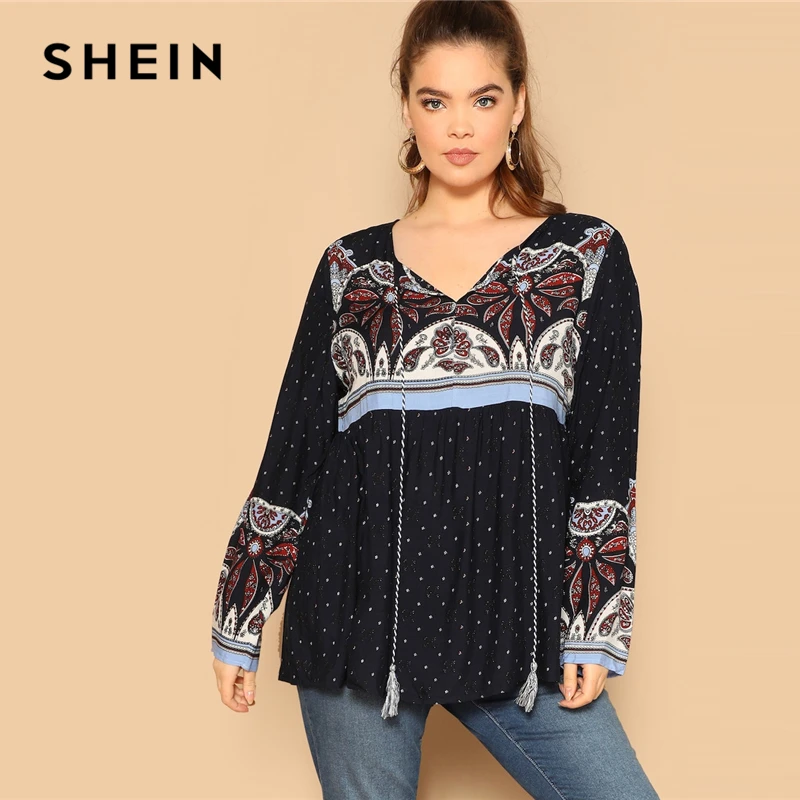 SHEIN Navy Plus Size Elegant Tassel Detail Tie Neck Tribal Print Top