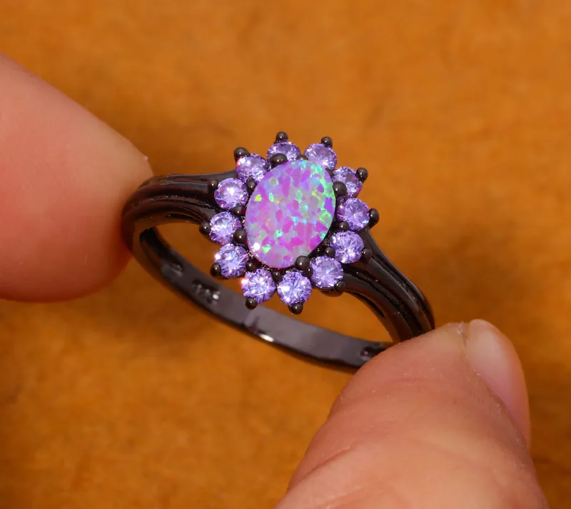 CiNily Created Pink Fire Opal Purple Zircon Black Gold Color Wholesale for Women Jewelry Ring Size 6 7 8 OJ8111