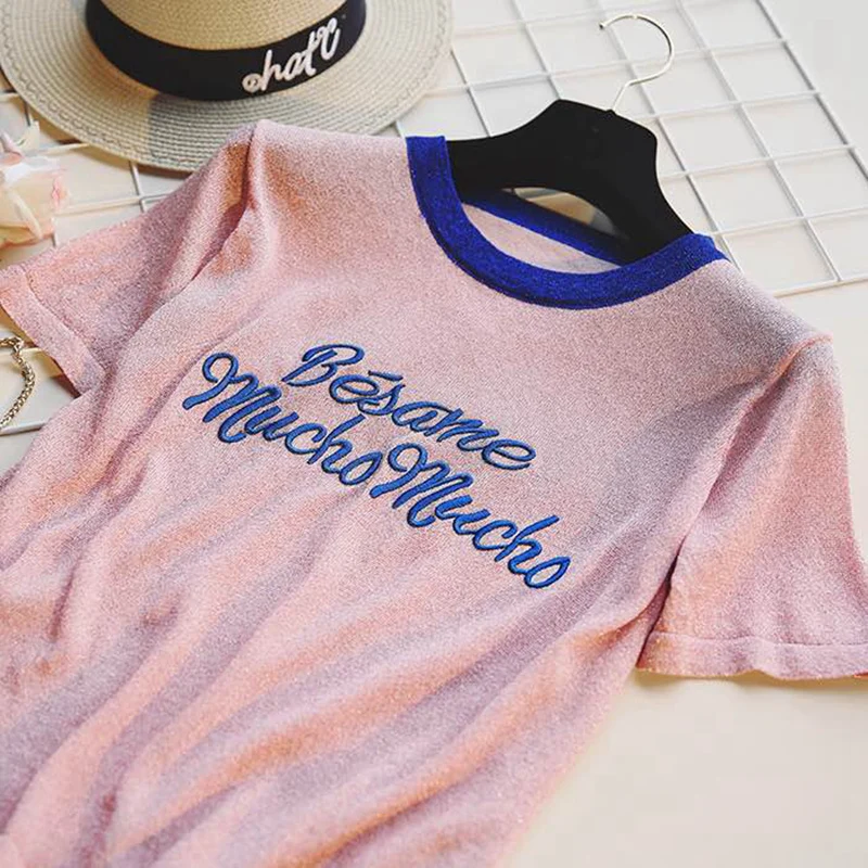 

Summer Women Shiny Knitted T Shirt Top Tees Short Sleeve O Neck Casual T-Shirts bling Basic Letter embroidered bright T-shirt