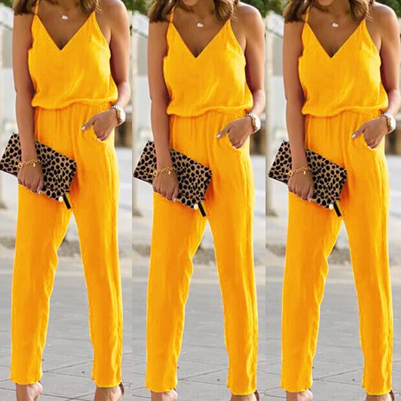 Elegant Bodycon Spaghetti Strap Cotton Jumpsuits Women Sexy Backless Sleeveless Beep V Neck