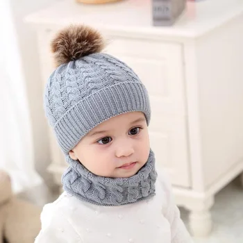 

1Set Children Winter Knitted Hat Warm Soft Scarf Plush Ball Beanies Cap S7JN