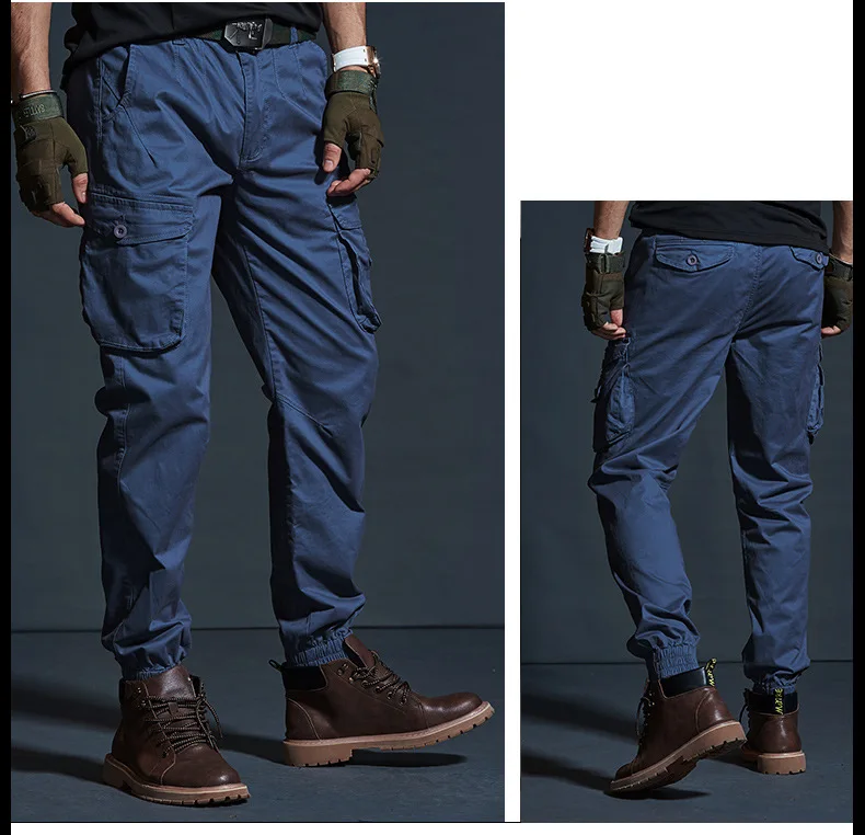 Мужские осенние и зимние Новые повседневные хлопковые брюки для бега, военные брюки с несколькими карманами, мужские Модные узкие брюки-карго