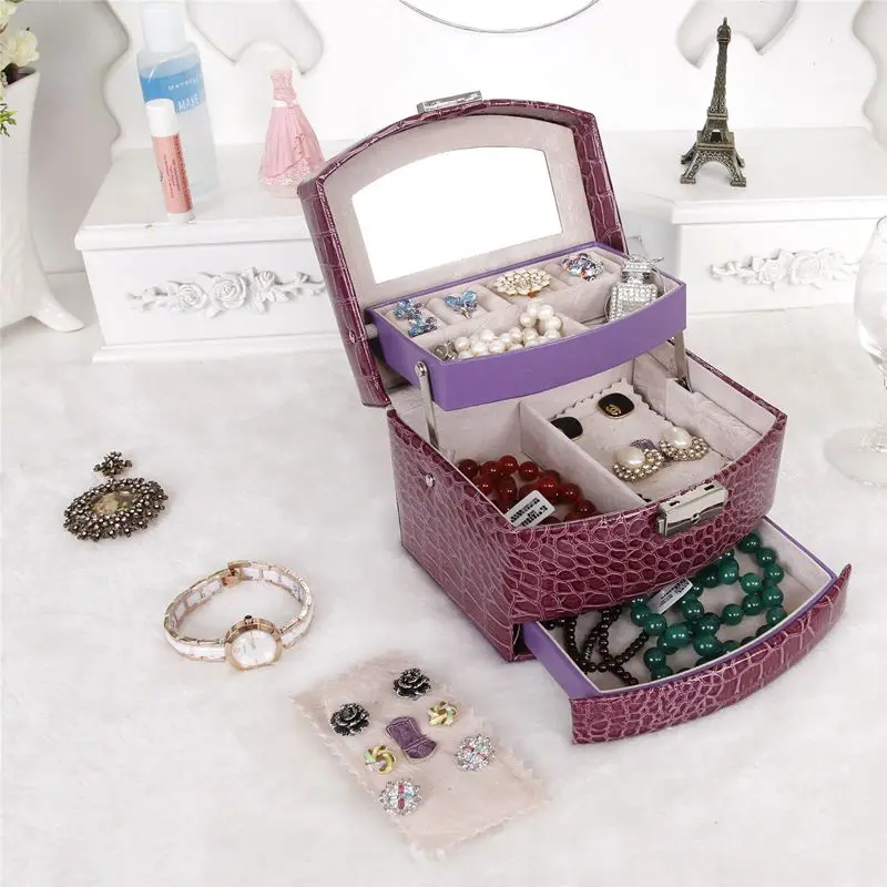 

LASPEAL Three-layer Cosmetic Storage Box Leather Jewelry Box Automatic For Women Earring Ring Organizer Cosmetic Decorations