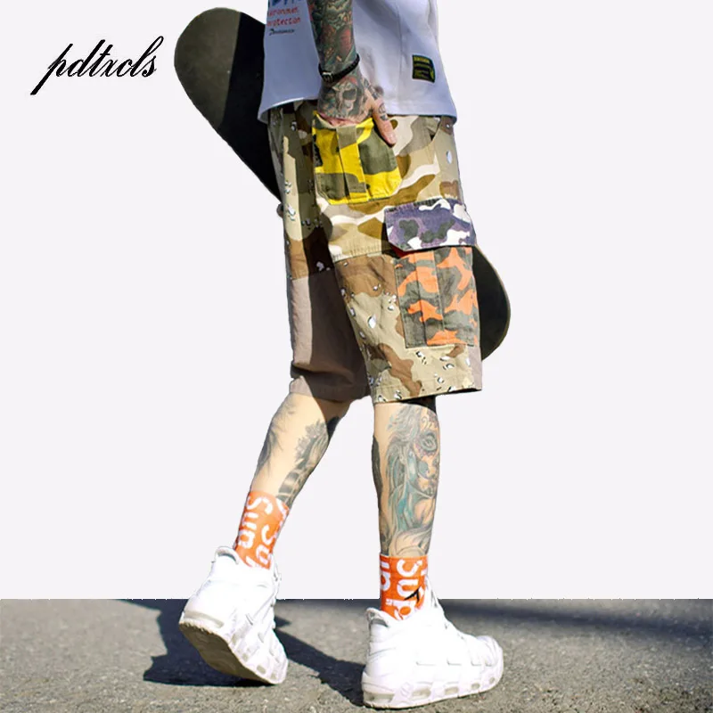 Популярные камуфляжные Цветные Лоскутные карго шорты мужские хип хоп повседневные камуфляжные брюки шорты Уличная одежда хлопковые шорты
