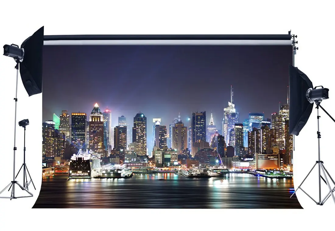 

New York City Night View Backdrop Luxurious Ship Backdrops Skyscraper Shining Lights Bokeh Photography Background