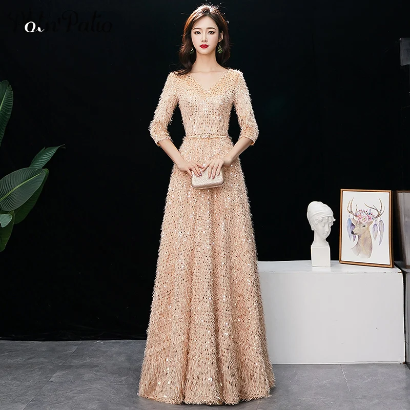 Elegant V-neck Half Sleeves Feather Sequined A-line Floor-Length Gold Evening Dresses Long Plus Size Special Occasion Dresses