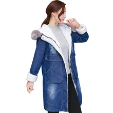Женские зимние джинсовые куртки с меховым капюшоном, женские длинные облегающие утепленные джинсовые пальто, винтажные теплые шерстяные ветровки 100702