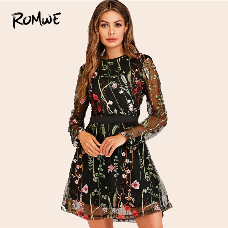 

ROMWE Black Embroidered Mesh Overlay Dress Women Summer 2019 High Waist Long Sleeve Sheath Ladies Elegant Short Dresses