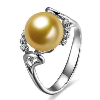 

GVBORI Luxury 18K Gold 9-10mm Natural South Sea Gold Pearl Ring Diamond Pearl Ring For Women Wedding/Women's Day Gift