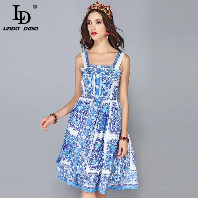 LD LINDA DELLA New Fashion Runway Summer Dress Women's Spaghetti Strap Blue and white Floral Printed Casual Dress vestidos 2