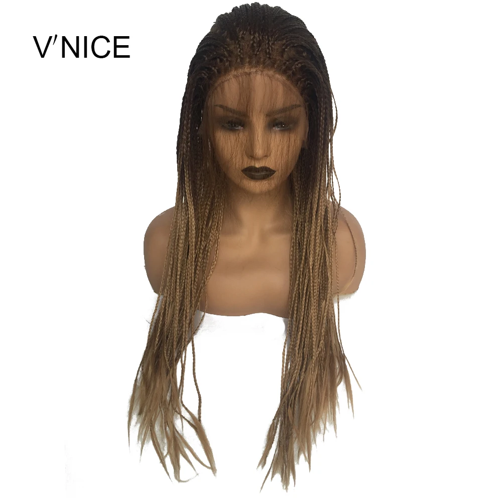 

V'NICE Brown Ombre Honey Blonde Wig with Baby HairHeat Resistant Fiber Synthetic Lace Front Braid Wig Braided Box Braids Wig