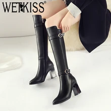 WETKISS/женские ботинки на высоком каблуке размера плюс 32-45 женские ботинки из коровьей кожи на молнии с круглым носком высокие сапоги до колена г. Зимняя женская обувь