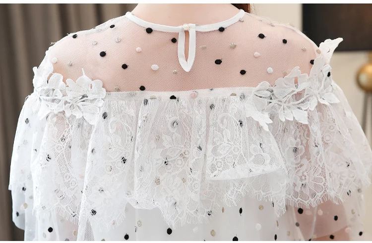 Dingaozlz Новая Милая женская блузка модная женская шифоновая рубашка Лоскутная сетчатая кружевная блузка с расклешенными рукавами и оборками Повседневная рубашка