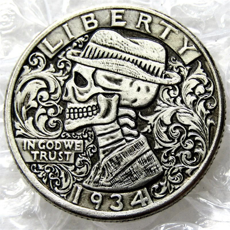 

Hobo Creative 1934 Washington Quarter Dollars Skull Zombie Skeleton Hand Carved Copy Coins