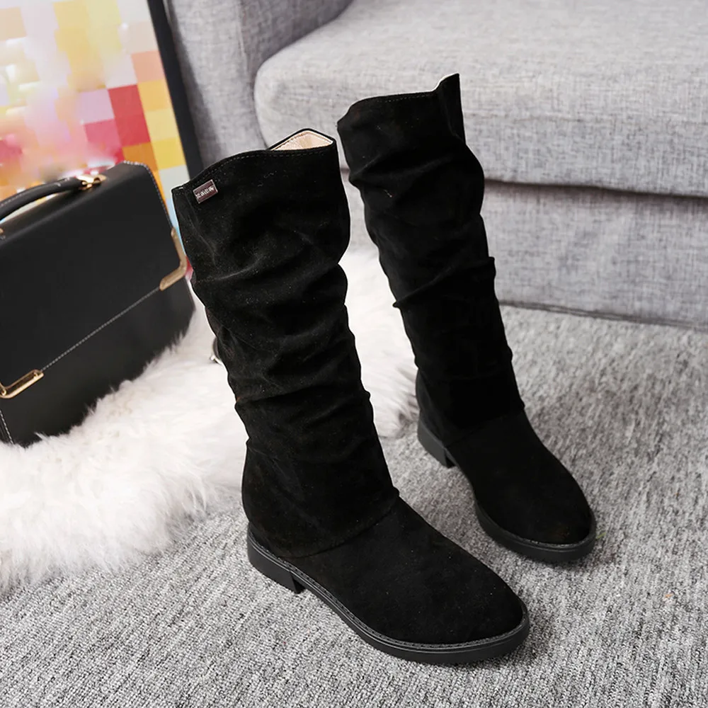 CAGACE/; женские брендовые ботинки; сезон осень-зима; женские милые ботинки принцессы до середины икры с круглым носком; стильная обувь из флока на плоской подошве; зимние ботинки - Цвет: Black