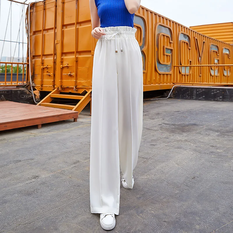 Белые шифоновые широкие брюки для женщин летние тонкие эластичные женские брюки с высокой талией и оборками корейский стиль Harajuku готические брюки