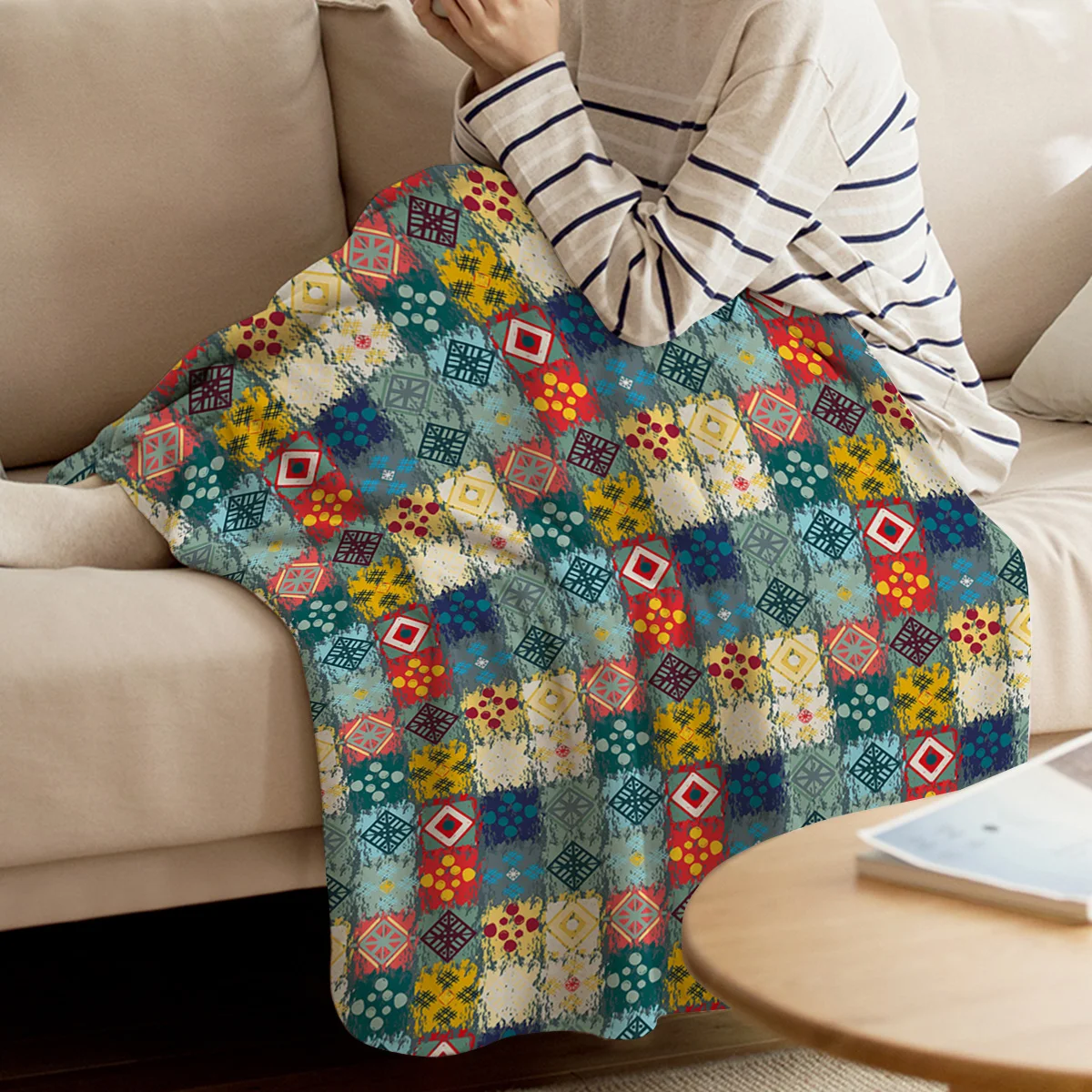 

BIGHOUSES Throw Blanket Ethnic Style Geometric Plaid Pattern Throw Blanket Warm Microfiber Blanket