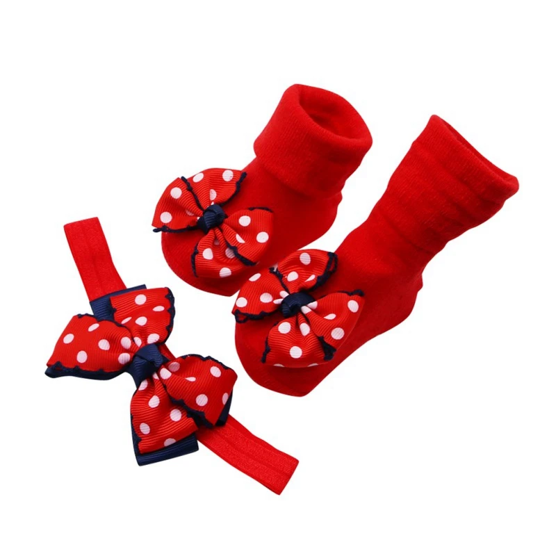 Двухслойные хлопковые носки в горошек с бантом для малышей, нескользящие носки для малышей+ повязка на голову, комплекты из 2 предметов, модные подарки для новорожденных детей 0-12 месяцев