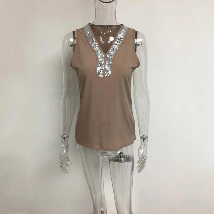 Женская шифоновая блузка с v-образным вырезом и пайетками, летняя блузка без рукавов, офисные женские блузки, топы больших размеров, S-2XL blusa feminina