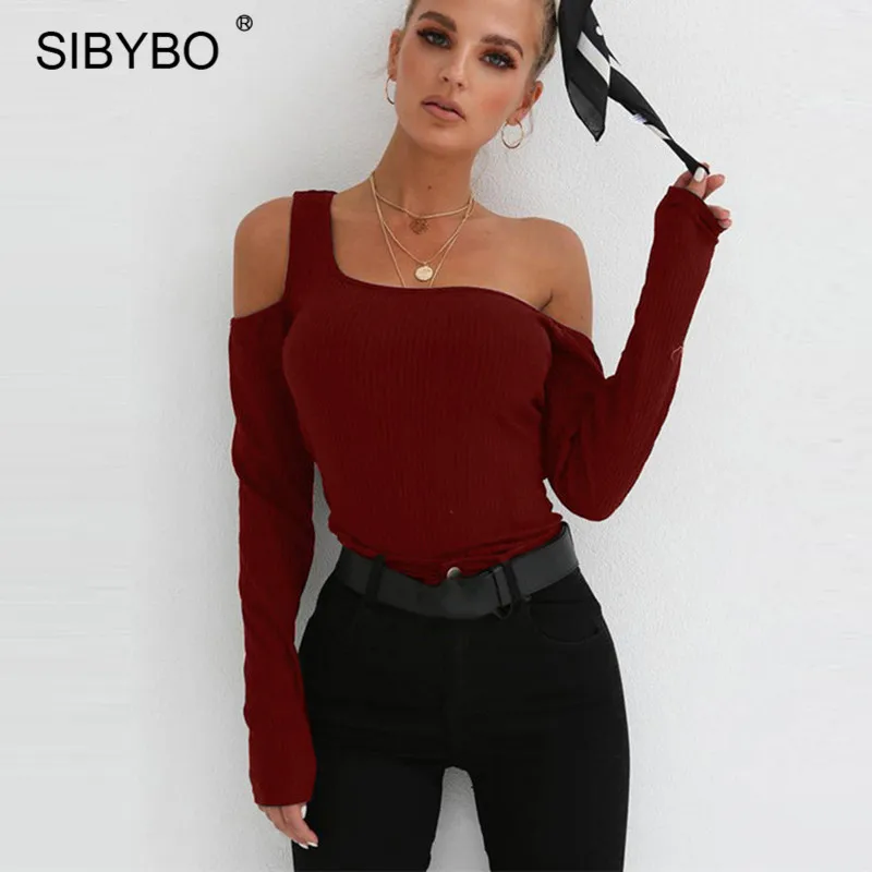 JULISSA MO Knitted One Shoulder Hollow Out Sexy T-Shirt Women Tops 2018 Autumn Black Long Sleeve Skinny Casual Harajuku Tshirts JULISSA MO Knitted One Shoulder Hollow Out Sexy T-Shirt Women Tops 2018 Autumn Black Long Sleeve Skinny Casual Harajuku Tshirts