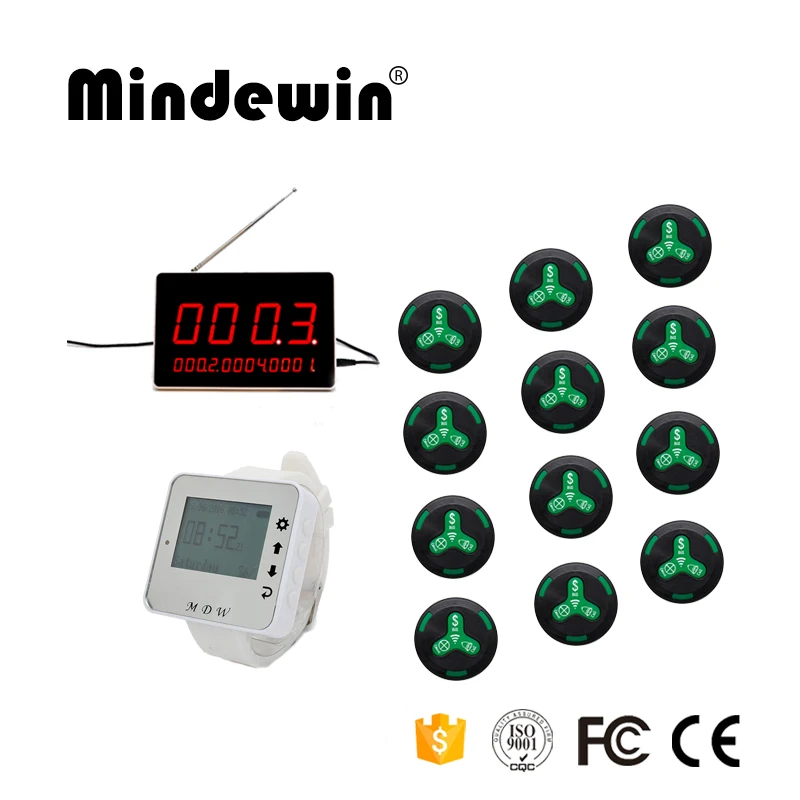 Mindewin 1 шт. светодиодный дисплей, для приема+ 1 шт. наручные часы с пейджером+ 12 шт. кнопка вызова официанта беспроводная пейджинговая система для ресторана - Цвет: Black green