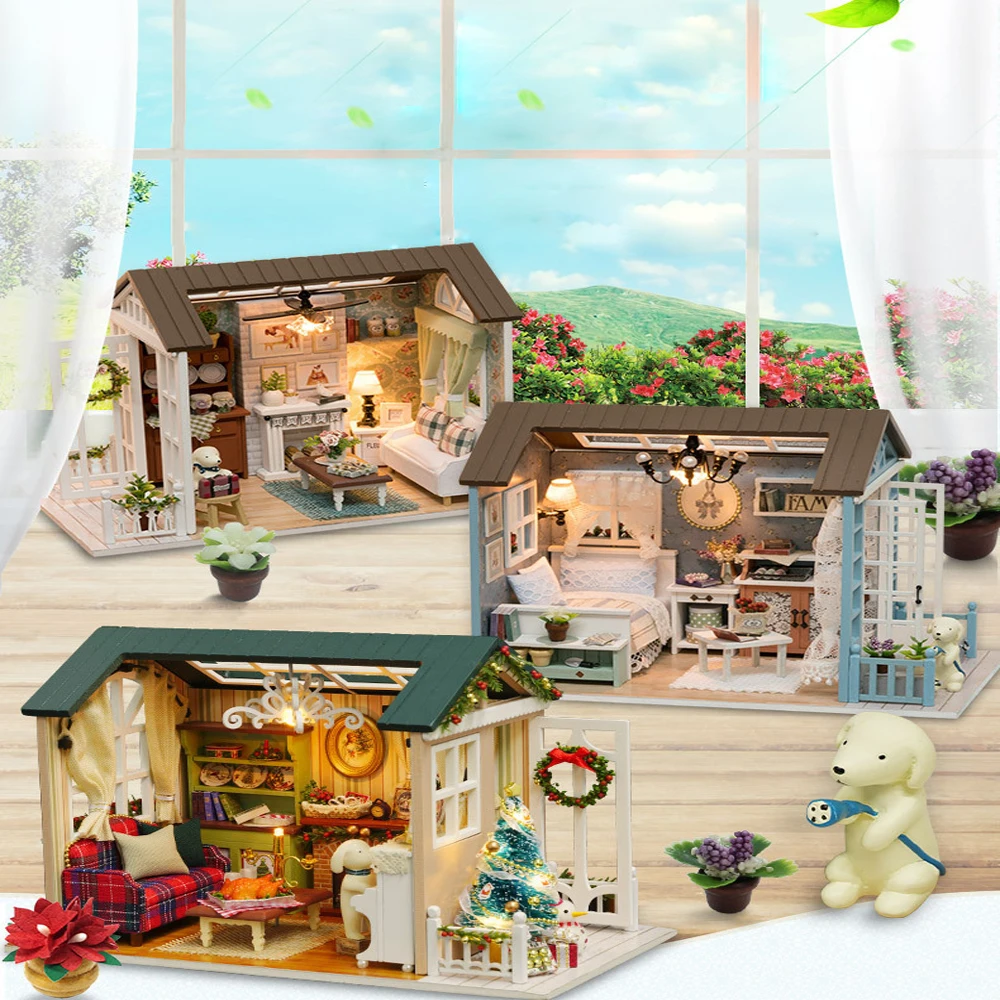 Поделки миниатюрный деревянный кукольный домик три модели здания Наборы деревянный Игрушечная мебель подарки на день рождения для детей