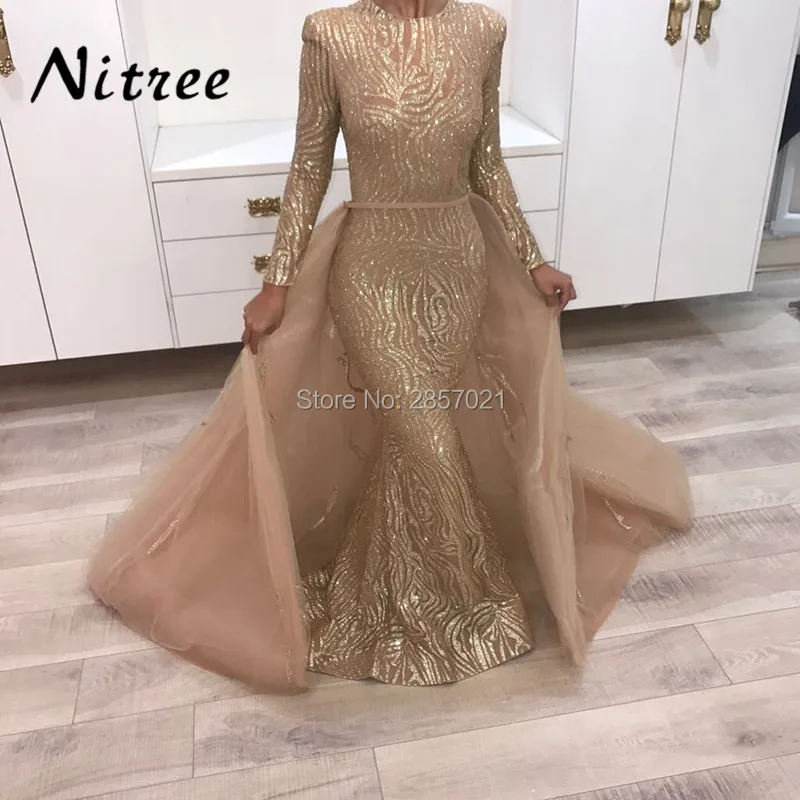 

Muslim Evening Dresses Arabic Formal Dress Detachable Skirt Unique Bling Sequins Long Prom Dress Dubai Gown Abendkleider Custom