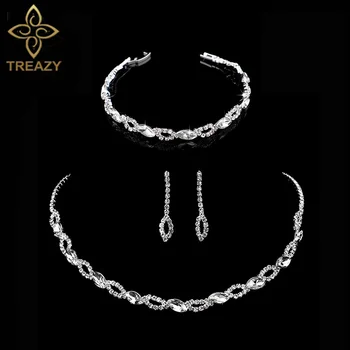 

TREAZY Simple Crystal Bridal Jewelry Sets Silver Color Leaf Design Necklace Earrings Bracelet Wedding Jewelry Sets for Women