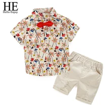 С героями мультфильма «привет энжой» для маленьких мальчиков детская одежда Рубашка с короткими рукавами принт галстук-бабочка с цветочным рисунком, футболка и шорты, 2 шт. комплекты детской одежды; одежда для дня рождения