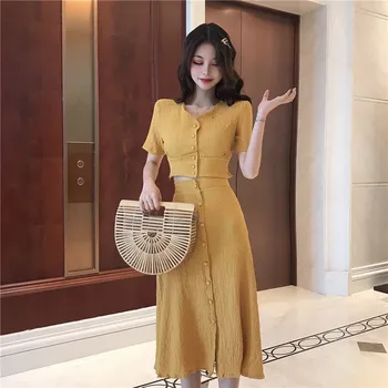 

2019 Elegant V-Neck Crop Tops High Waist Skirt Sets Solid Suit Women Sexy Shirts Mid A-Line Skirt Two Piece Outfit