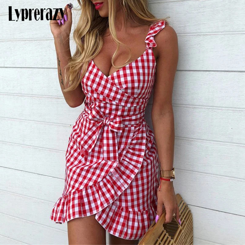 

Lyprerazy Sexy Ruffle Bow Tie Lace up Women checkerboard Bodycon Strap Summer Bandge gingham Mini Maid Grid Dress
