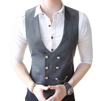 

2018 slim fits fashion new men's casual boutique double-breasted business vest / Man's deep V-neck suit waistcoat