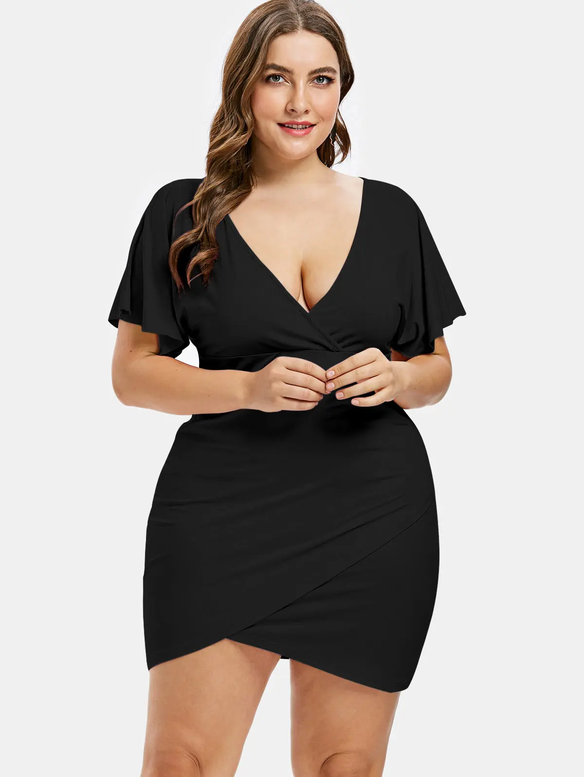 

ROSEGAL Plus Size Flare Sleeve Plunging Neck Mini Fitted Surplice Bodycon Dress Women Sexy Club Party Dresses Ladie Clothes 5XL