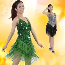 Выступления пайетки с бахромой для латинских танцев платье для женщин конкурс бальных Сальса Самба Танго танцевальный костюм L037