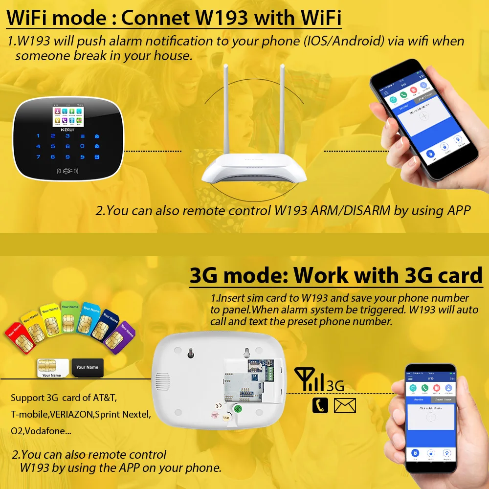 KERUI nuevo W193 inalámbrico 3G WIFI PSTN GSM inteligente hogar sistema de alarma antirrobo de seguridad juegos APP Control remoto táctil pantalla de alarma