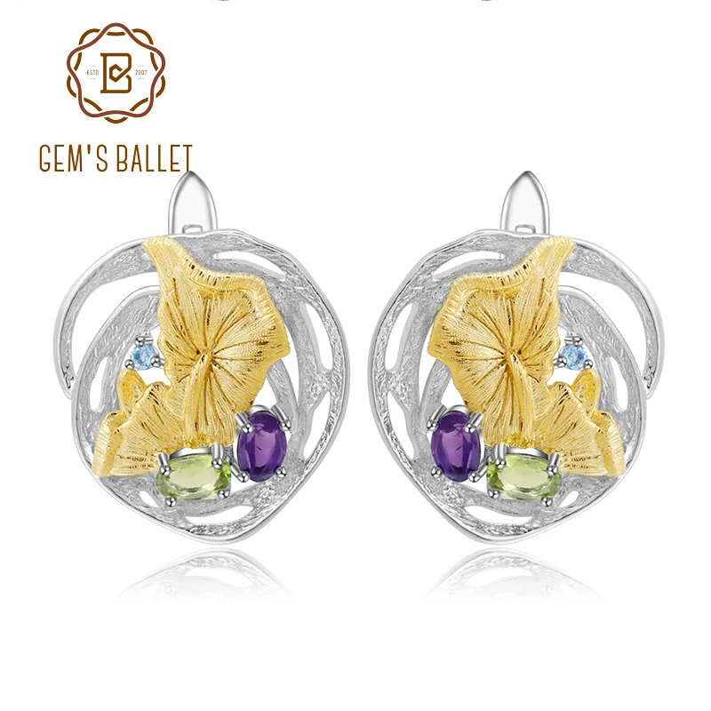

GEM'S BALLET Natural Amethyst Peridot Earrings 925 Sterling Silver Handmade Lotus Pond Clip Earrings For Women Fine Jewelry