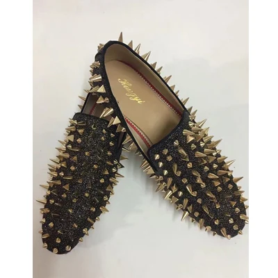 

Fashion Brand New Black Suede Red Bottom Men Flats Square Toe Gold Spiked Loafers Wedding Men Dress Shoe Size 39-46