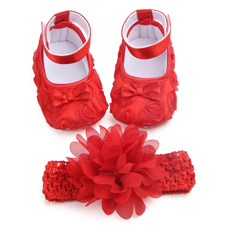 Baby Girl Newborn Shoes Spring Summer Sweet Lace Flower Mary Jane Big Bow Dance Ballerina Dress Pram Crib Shoe Headband Set