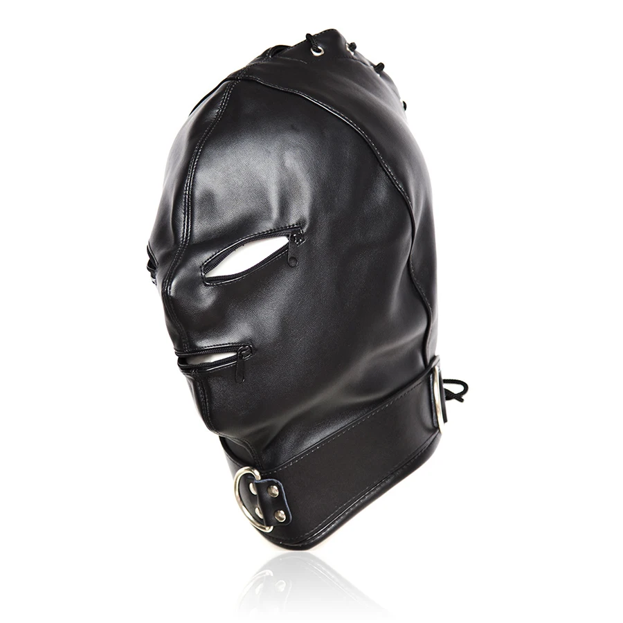 Black leather bondage hood full face muzzle mask mouth gag zip sex fetish BDSM