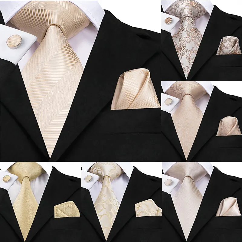 

Champagne Ivory White Solid Tie 100% Silk Woven Men Tie Plain Necktie Hanky Cufflinks Set Wedding Classic Pocket Square Tie
