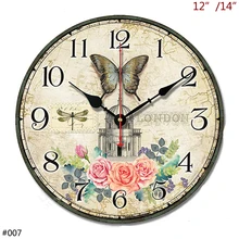 Retro Vintage Rosa Flores Rosas púrpuras negro mariposa con árabe números estampados 12,14 pulgadas silenciosa decoración para cafetería o casa Reloj de pared