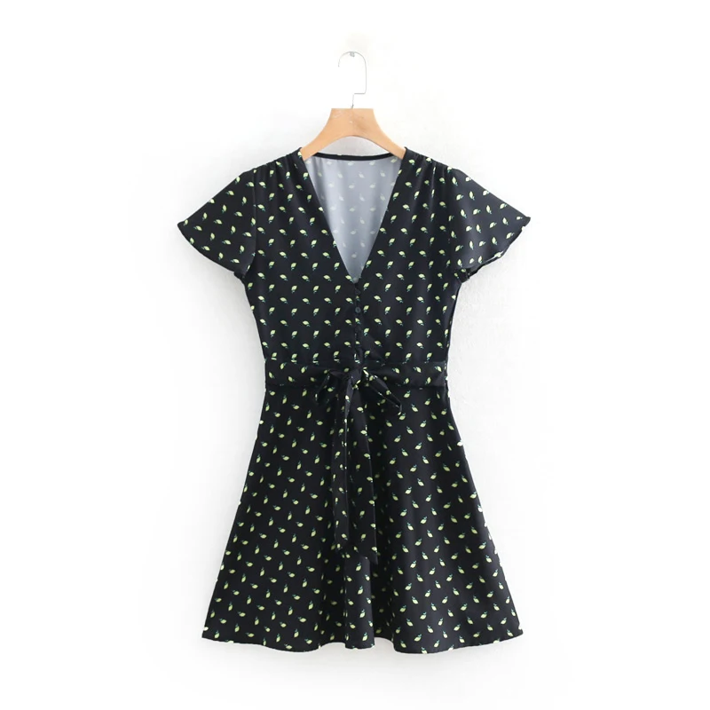Women's Clothing Dress 2019 Polyester V-neck Lemon Print Waist Slim Short Dress Ms Summer Street Sexy Temperament Clothing