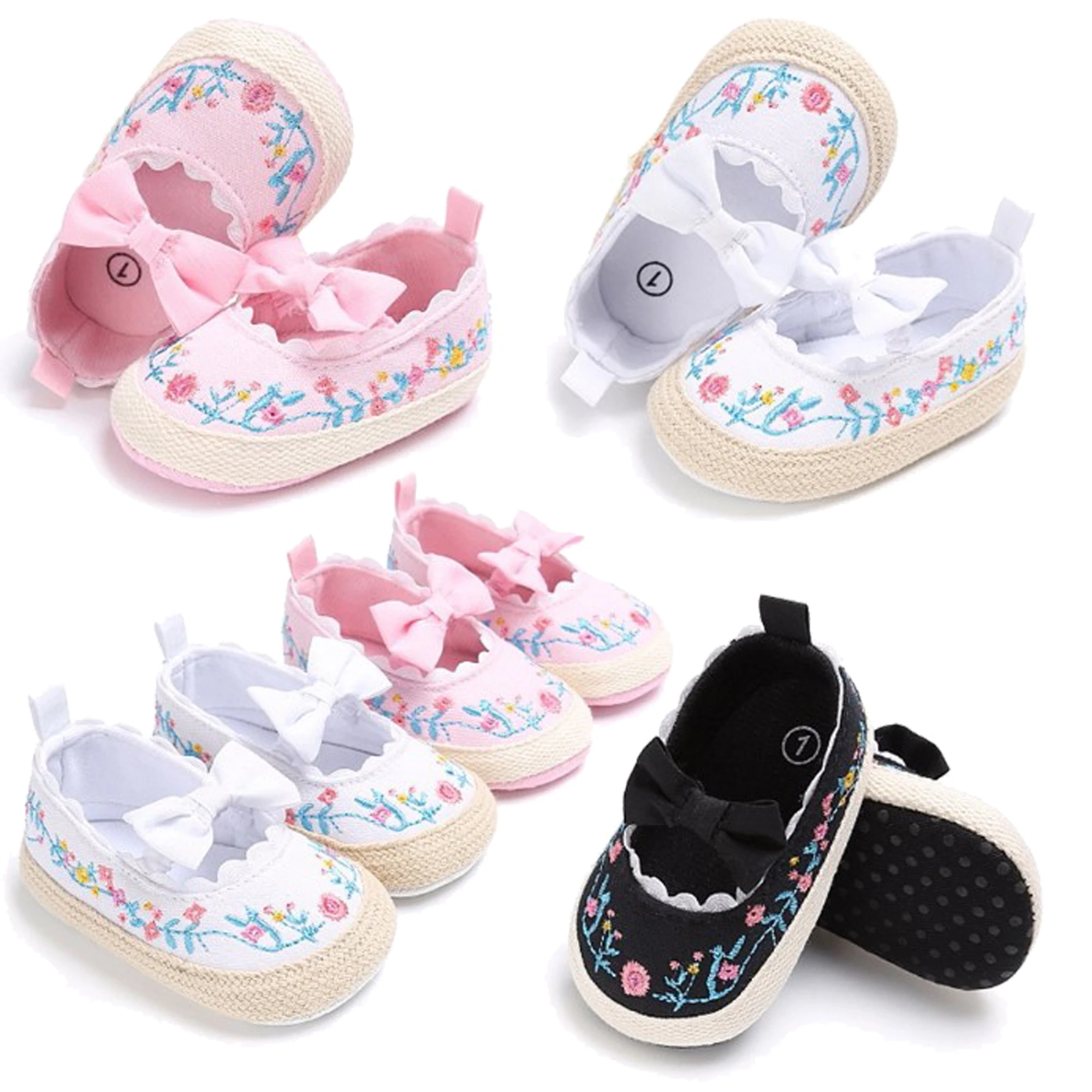 

BK 2019 Baby Shoes Girl Infant Canvas Embroidery Crib Shoes Newborn Girl Bow Princess Soft Anti-slip Prewalker Indoor Toddler