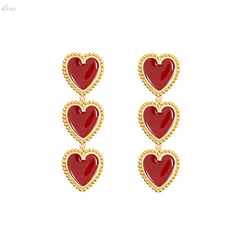 

AOMU Korea Sweet Heart Earrings For Women Gold Silver Rim Red Black Heart Shape Geometric Statement Dangle Drop Earrings Jewelry