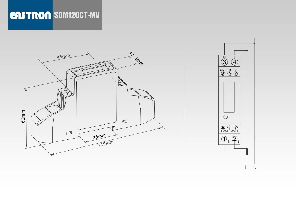 SDM120CT-MV, 0,1 в вход, 1 фаза 2 провода, 230 В, RS485 Modbus, кВтч, kvarh, U, I, P, Q, PF, Hz, dmd, din-рейка energy meterCE-A